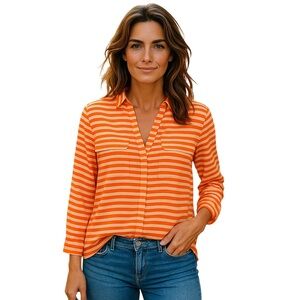 Calvin Klein Blouse Medium V-Neck Orange Striped Office Party
